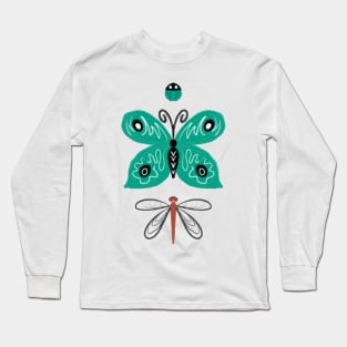 Butterfly Ladybug Dragonfly Pattern Design Green Orange Long Sleeve T-Shirt